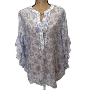 NWT Vince Camuto Ruffle Sleeve Popover Blouse Ultra White Blue Floral Size Large